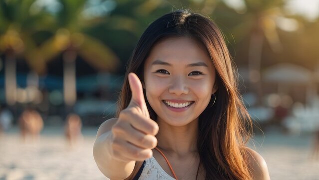 Smiling asian female showing thumbs up in the beach vacation