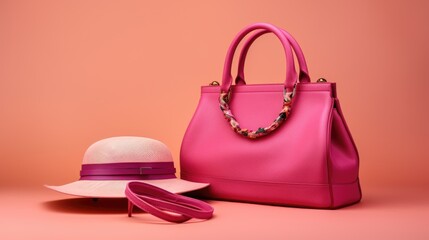 Pink purse and hat on pink surface, perfect for fashion blog or social media posts