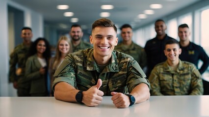 Smiling army showing thumbs up in the office