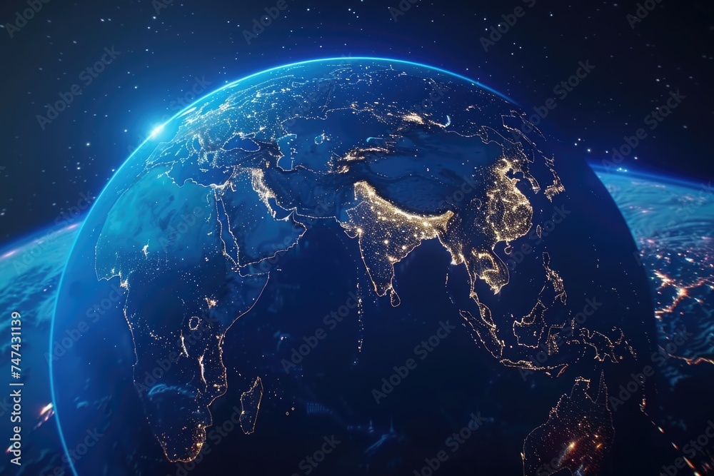 Poster a stunning view of the earth illuminated at night. perfect for science or technology concepts