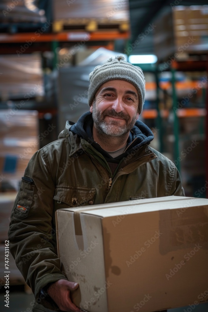Poster a man holding a box in a warehouse, suitable for logistics concepts