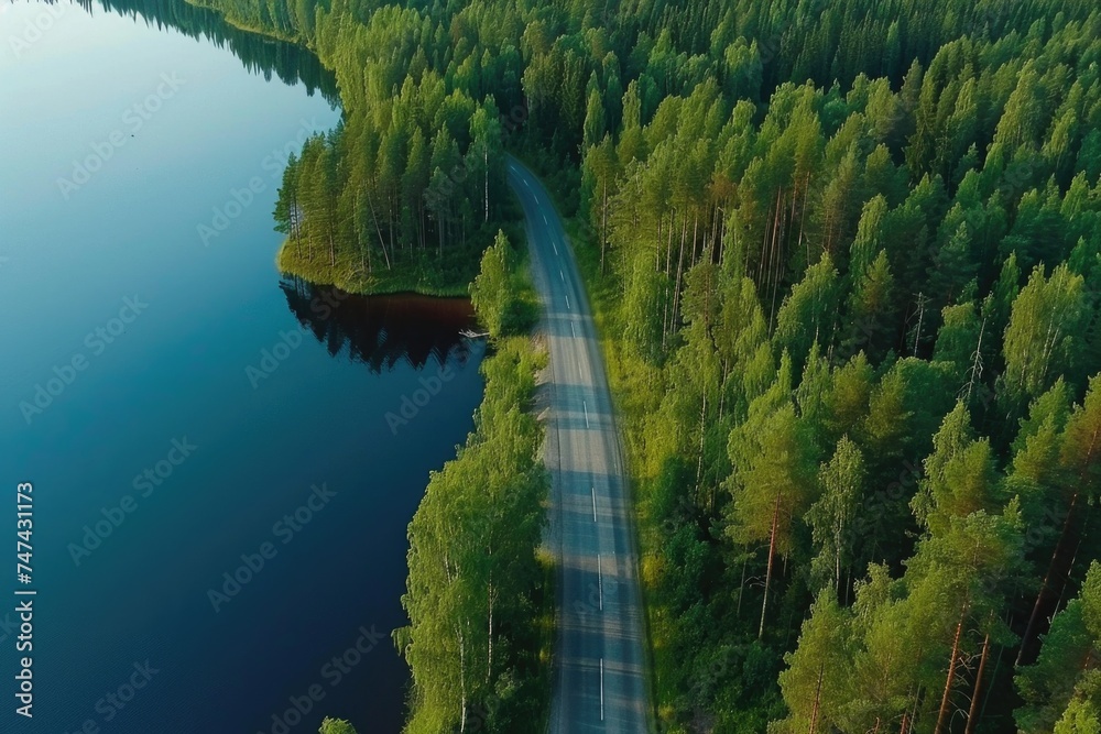 Poster an aerial view of a road in the middle of a forest. suitable for travel and nature concepts
