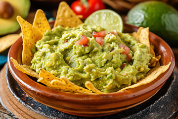 A plate of guacamole, a traditional Mexican dip made from mashed avocado, lime juice, and salt, often served with tortilla chips