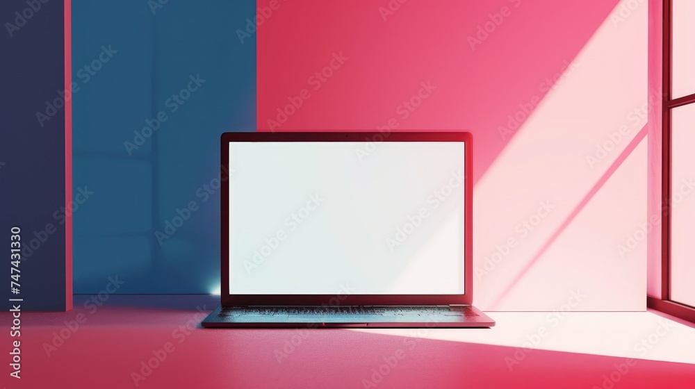 Aufkleber A laptop computer placed in front of a window. Suitable for technology or workspace concepts