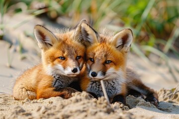 Naklejka na ściany i meble Two foxes lounging on a sandy beach, suitable for nature and wildlife concepts