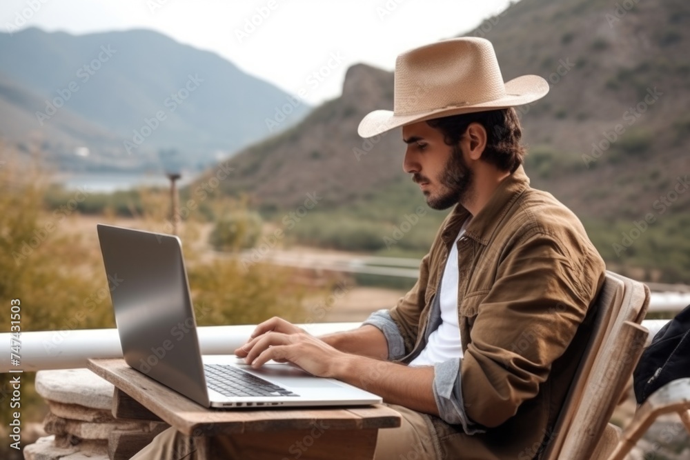 Aufkleber A man sitting at a table working on a laptop. Ideal for technology and remote work concepts