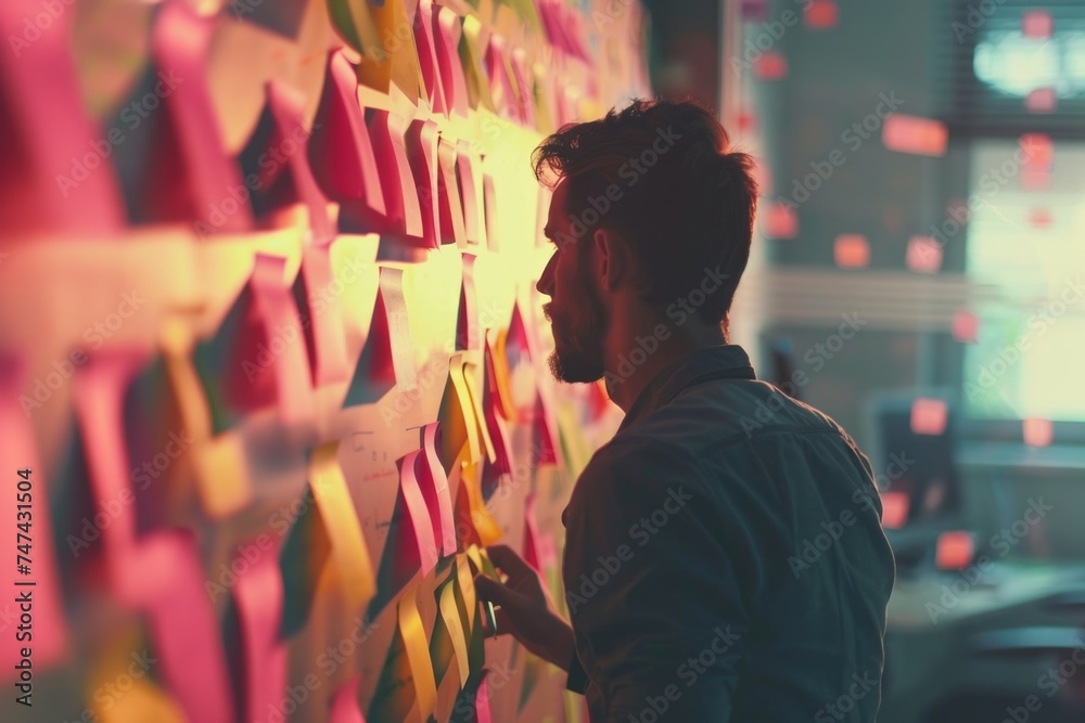 Aufkleber Man standing in front of a wall covered in colorful post it notes. Suitable for business or creative concept designs