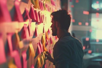 Man standing in front of a wall covered in colorful post it notes. Suitable for business or creative concept designs