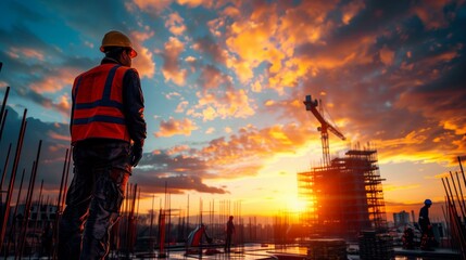Construction worker overseeing a skyscraper building site at sunset