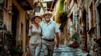 Senior couple enjoying vacation in and old European town