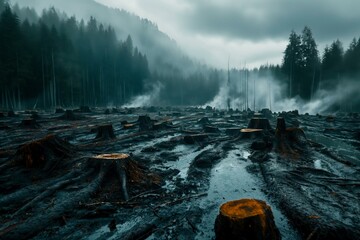 Deforested landscape with fog and tree stumps - Powered by Adobe