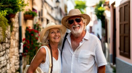 Fototapeta na wymiar Senior couple enjoying vacation in picturesque Croatian alley