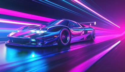Foto op Plexiglas a neon car rides down the road in a neon environment, colorful and bold, heavy line work © STOCKYE STUDIO