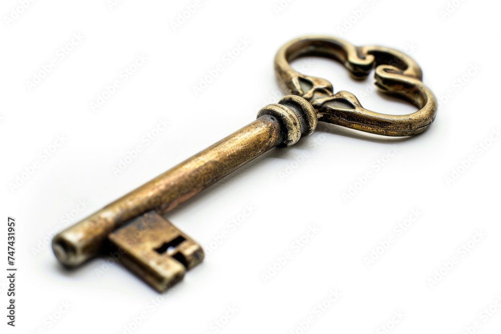 Poster Close-up view of a key on a white surface, suitable for various concepts and designs