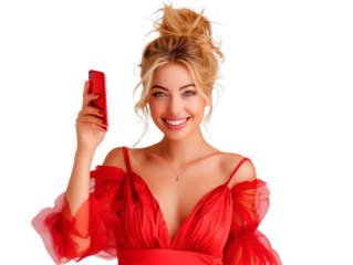 Mulher de negócios sorrindo, exibindo smartphone em fundo transparente. Uso: negócios, comunicação, redes sociais, tecnologia