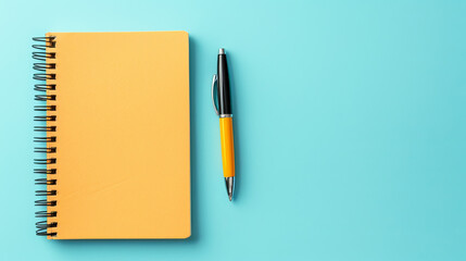 Top view of notepad with pen lying on blue background - obrazy, fototapety, plakaty