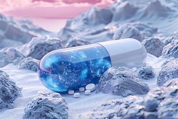the pill that falls from the bottle is blue and white, in the style of 3d, conceptual playlists, light sky-blue and light gray. Generative AI - obrazy, fototapety, plakaty