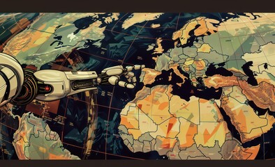 a robot reaches out for a global screen, with a hand pointing to it, in the style of assemblage of maps, realistic yet stylized, data visualization
