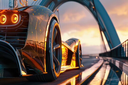 a race car driving on a track at dusk on a bridge, in the style of photo realistic detail, light amber and gold