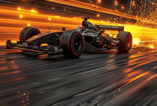 a racing car driving on the roads, in the style of texture-rich surfaces, golden light © STOCKYE STUDIO