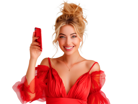 Mulher de negócios sorrindo, exibindo smartphone em fundo transparente. Uso: negócios, comunicação, redes sociais, tecnologia