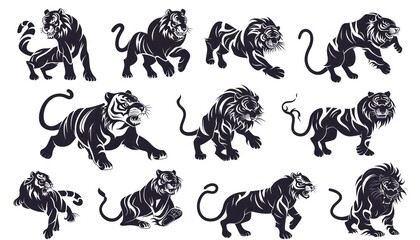 a set of tiger tattoos on white background, in the style of distinct facial features, flowing silhouettes