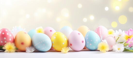 A row of colorful Easter eggs, decorated with intricate designs, sits neatly on top of a wooden table. Each egg is uniquely adorned with vibrant colors and patterns, - obrazy, fototapety, plakaty