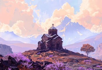 a small church on a mountain detailed architectural scenes, organic stone carvings, light amber and violet, monumental vistas,