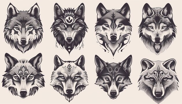 set of wolf tattoos on white background, in the style of distinct facial features, flowing silhouettes
