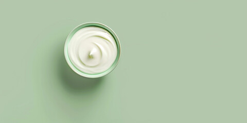 Creamy cream in a cup on a green background, top view - obrazy, fototapety, plakaty