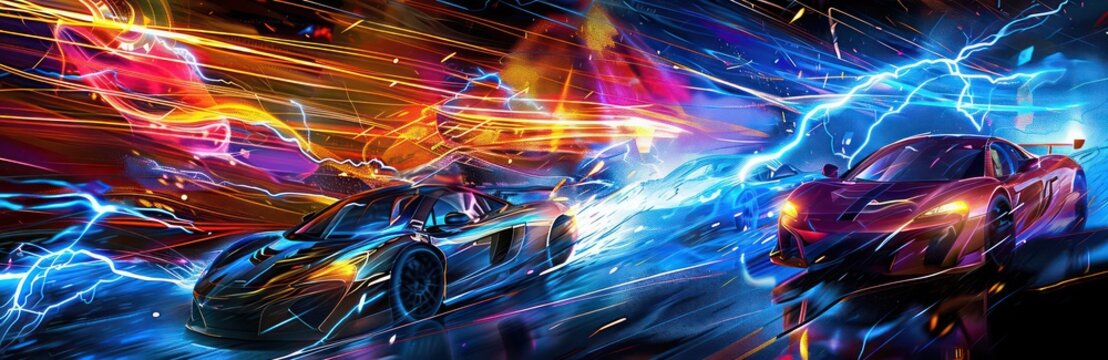 abstract graphics of cars on the screen, in the style of spectacular backdrops, lightning wave