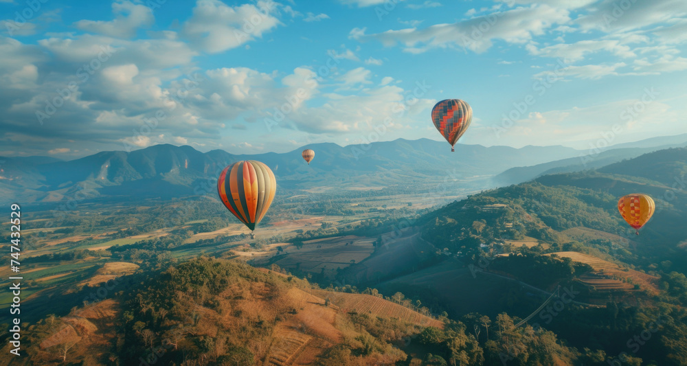 Poster Colorful hot air balloons soaring over picturesque valley. Ideal for travel and adventure concepts