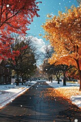 A scenic view of a street with trees covered in snow. Ideal for winter-themed designs