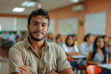 Portrait of a handsome Indian college student smiling at the camera while sitting in a classroom