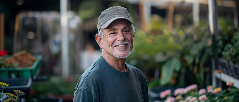 Retrato de um homem sênior sorridente parado em uma floricultura e olhando para a câmera