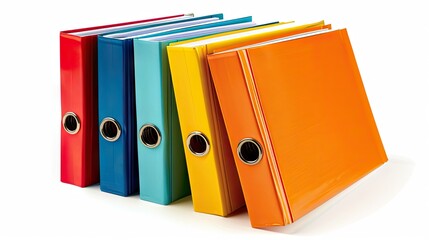 Workspace organization: Bright office folders neatly arranged on a white background.