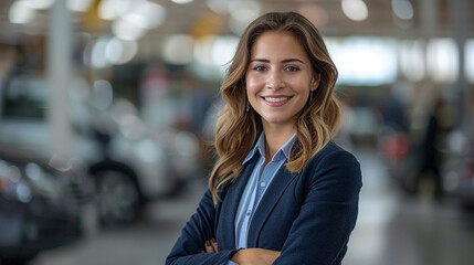 portrait of smiling young businesswoman standing with crossed arms in car showroom - obrazy, fototapety, plakaty