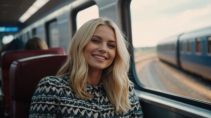 Happy beautiful blonde women in a modern train