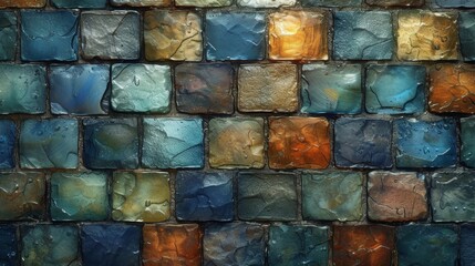 A wall of multicolored rectangular glass bricks. Glass background