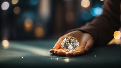 Woman holding precious diamond in hand