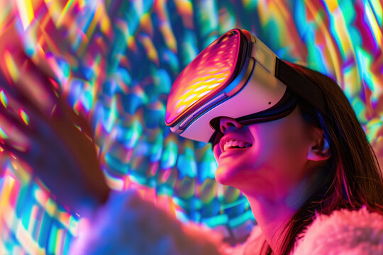 A woman has a VR headset on an and is smiling while having an immersive VR experience. Background image. Created with Generative AI technology
