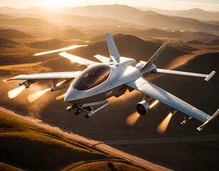 An advanced combat drone soars through the sky at sunset, its sleek design cutting through the golden hour light. The unmanned aircraft is equipped with multiple missiles, showcasing military might