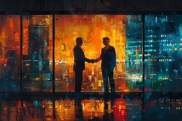 two businessmen shaking hands in a conference room, in the style of night photography, industrial texture, close up. Generative AI