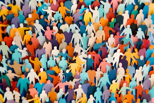Large crowd of diverse people, paper cut out style