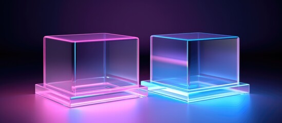 Two transparent glass cubes are positioned side by side on a flat surface, creating a minimalist and sleek aesthetic. The cubes reflect the surrounding environment and cast faint shadows underneath.