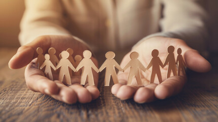 pair of human hands gently holding a chain of paper cut-out figures, symbolizing unity, support, and human connection.
