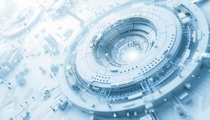 an abstract white image of technology, in the style of light sky-blue and light azure, circular shapes, clear edge definition, light bronze and sky
