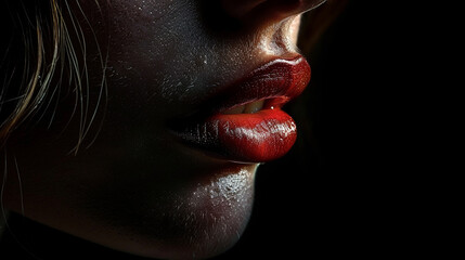 Closeup of red lips of a young woman. Red lips make-up