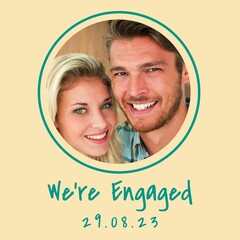 Celebrating love, a smiling couple announces their engagement, radiating joy and companionship