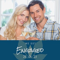 Celebrating love, a joyful couple toasting engagement with wine glasses, radiating happiness and com